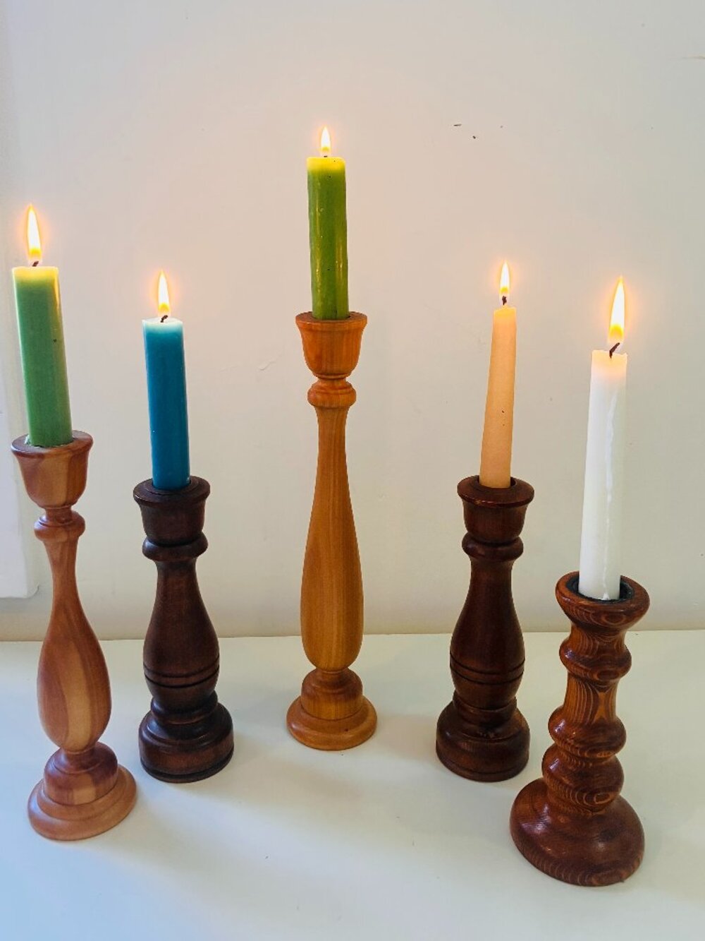 Set of 5 Vintage Wooden Candlestick Holders, Different Heights/Wood